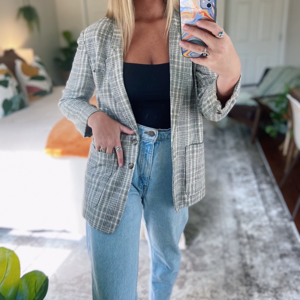 Vintage Gray Plaid Blazer Jacket